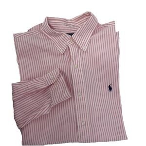 POLO Ralph Lauren slim button down Dress shirt Men 16.5" 34/35 Pink White Stripe